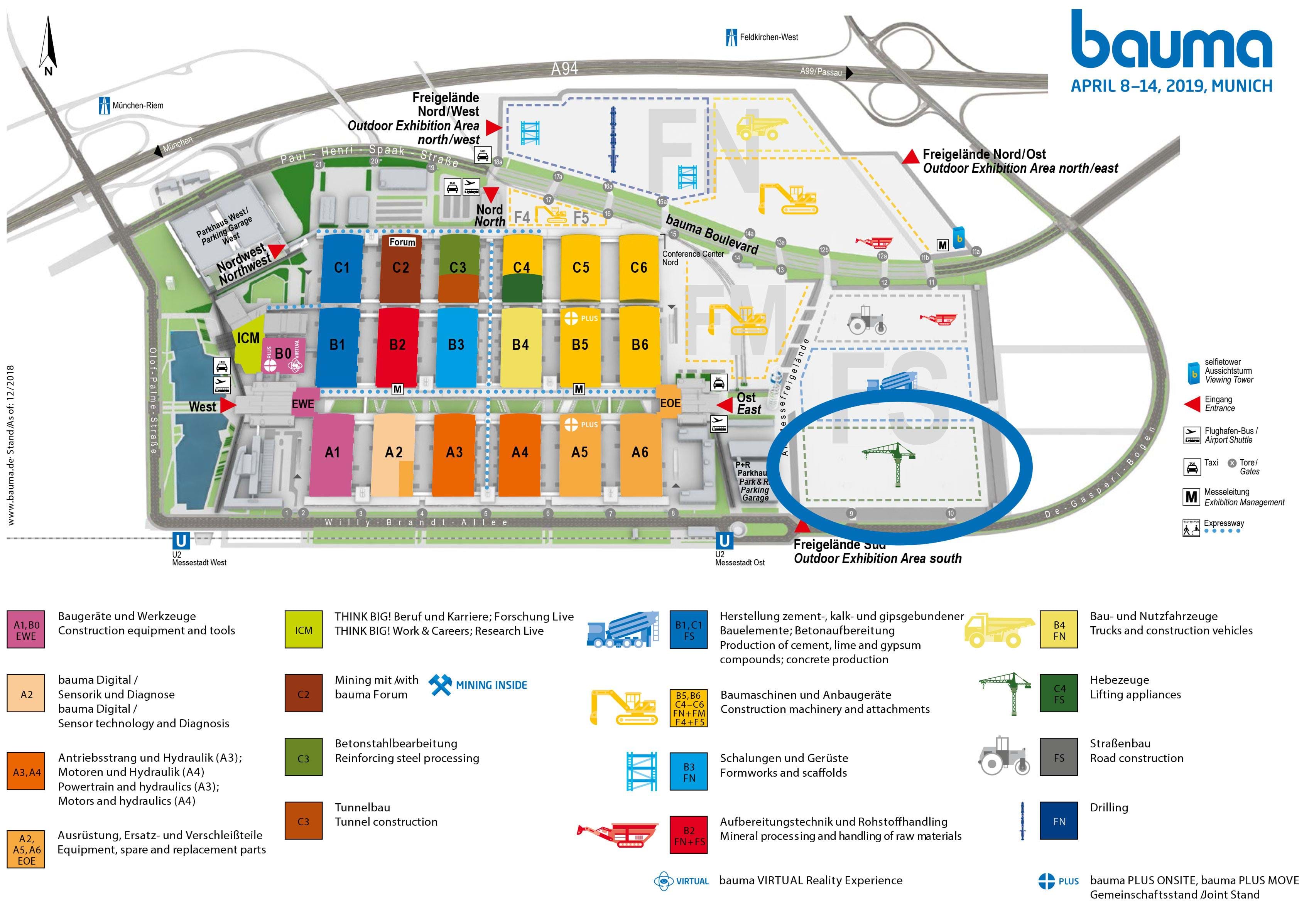 Location plan for Bauma 19 - look for Omme Lift where the circle is